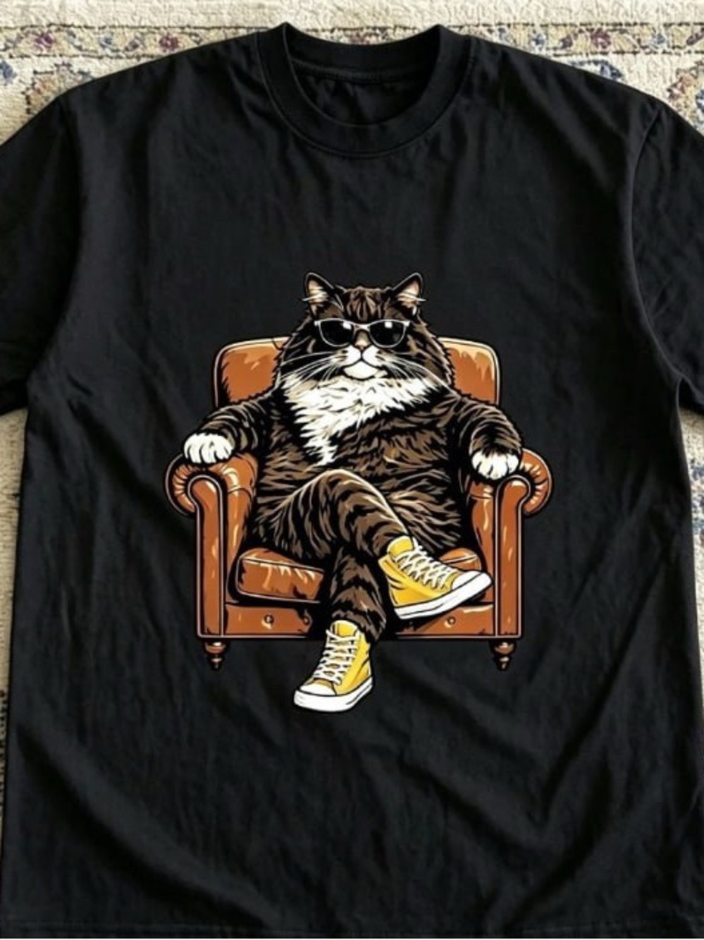 Black Cool Cat Graphic Tee with Yellow Sneakers